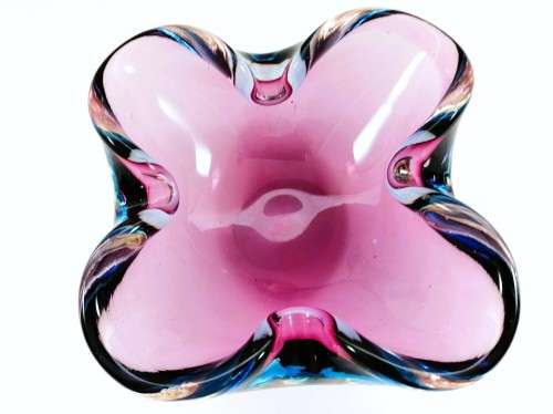 Large Murano Hand Blown Glass Pink and Blue Dish Bowl