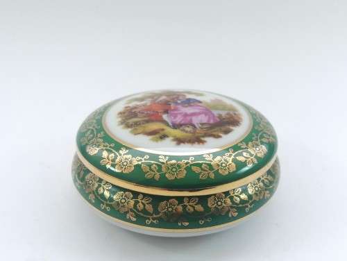 Limoges Meissner Fragonard Green and Gold Trinket Box