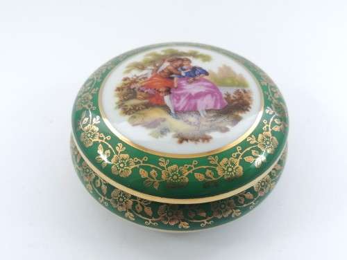 Limoges Meissner Fragonard Green and Gold Trinket Box