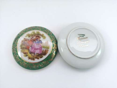 Limoges Meissner Fragonard Green and Gold Trinket Box