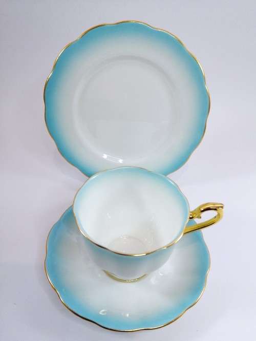 Royal Albert ` RAINBOW ` Light Blue Hampton shape Tea Cup Saucer and Plate Fine Bone China England