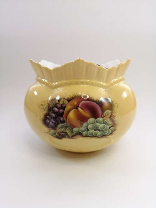Aynsley orchard gold bone china porcelain Rose Bowl with Brass Flower Frog  in the Orchard Gold
