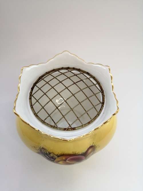 Aynsley orchard gold bone china porcelain Rose Bowl with Brass Flower Frog  in the Orchard Gold