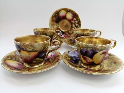 Vintage Aynsley Orchard Gold Fruits Demitasse four Cups & five Saucers Signed N. Brunt