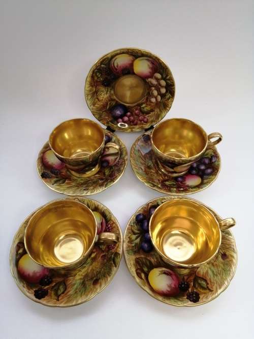 Vintage Aynsley Orchard Gold Fruits Demitasse four Cups & five Saucers Signed N. Brunt