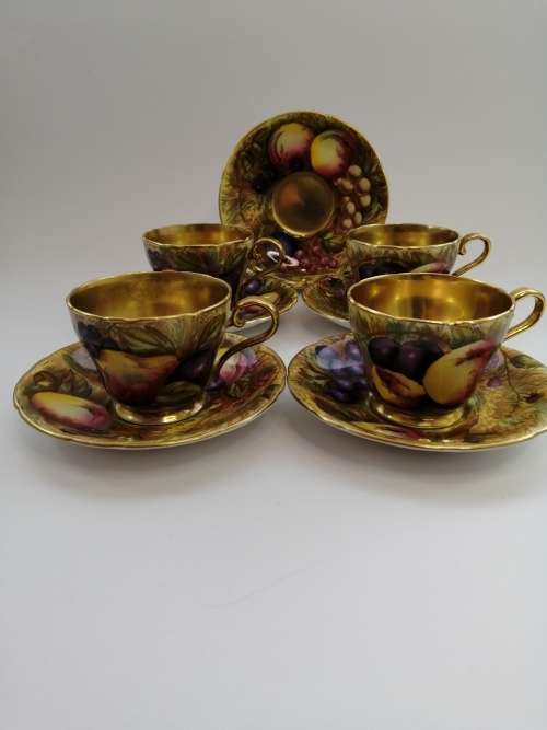Vintage Aynsley Orchard Gold Fruits Demitasse four Cups & five Saucers Signed N. Brunt