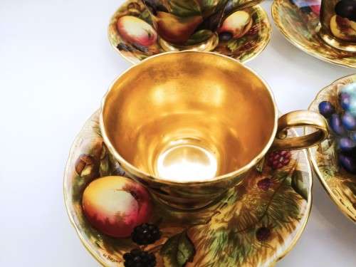 Vintage Aynsley Orchard Gold Fruits Demitasse four Cups & five Saucers Signed N. Brunt