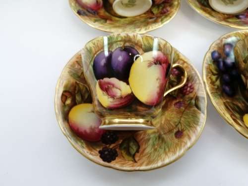 Vintage Aynsley Orchard Gold Fruits Demitasse four Cups & five Saucers Signed N. Brunt