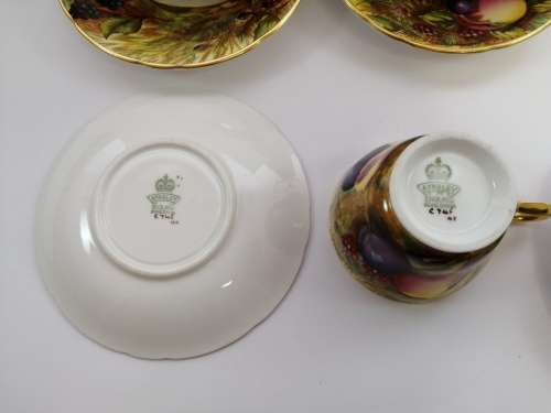 Vintage Aynsley Orchard Gold Fruits Demitasse four Cups & five Saucers Signed N. Brunt