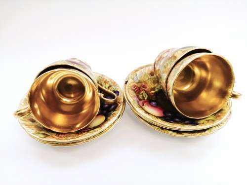 Vintage Aynsley Orchard Gold Fruits Demitasse four Cups & five Saucers Signed N. Brunt