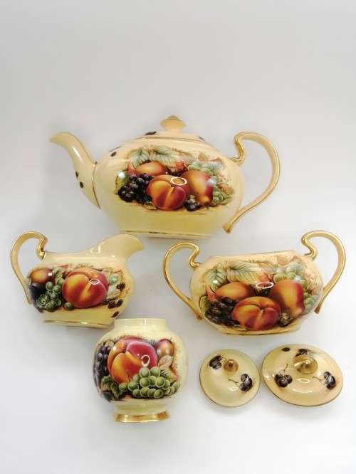 Aynsley Orchard Gold Teapot, Sugar Bowl, Milk Jug Set plus pot