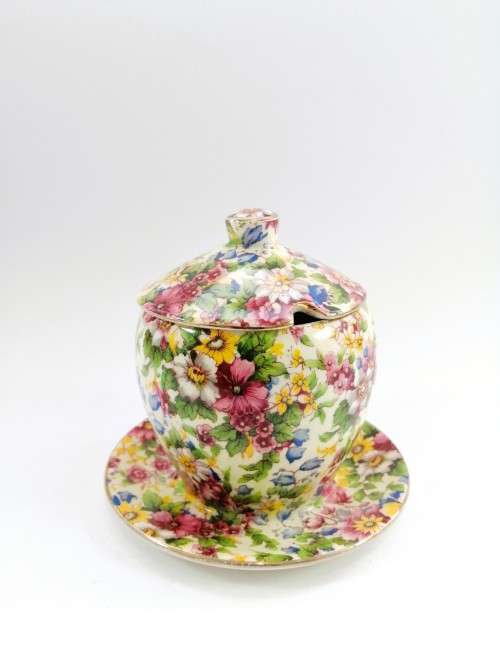 Really pretty Grimwades Royal Winton Cheadle 1951 Preserve Pot with Lid and Attached Saucer