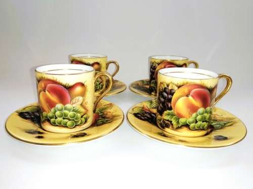 Aynsley Orchard Gold Still Life Fruit Pattern 4 Coffee Cups and Saucers