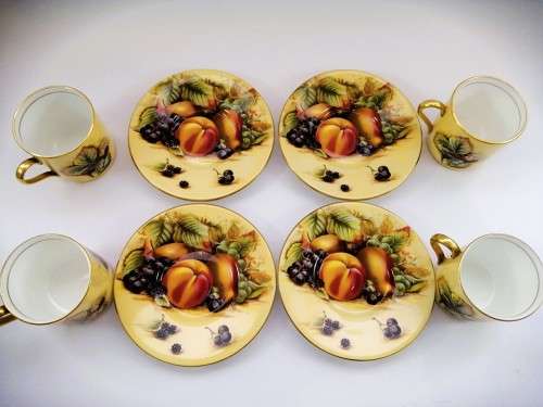 Aynsley Orchard Gold Still Life Fruit Pattern 4 Coffee Cups and Saucers