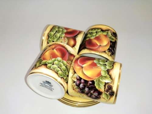 Aynsley Orchard Gold Still Life Fruit Pattern 4 Coffee Cups and Saucers