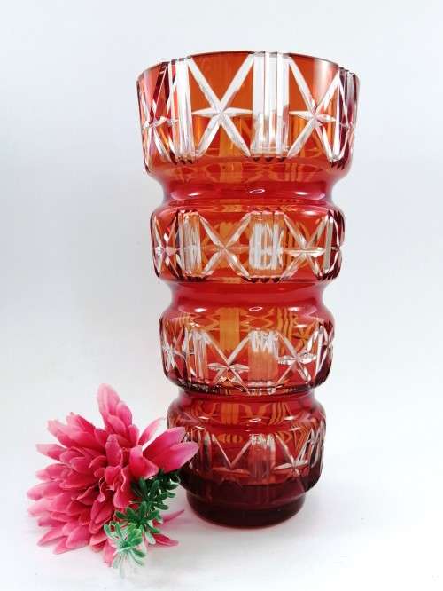 Striking red Kiriko cut glass vase from Japan
