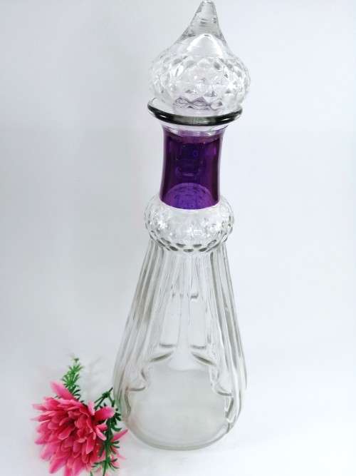 PROHIBITION ERA (1935-1964) CLEAR CUT GLASS GENIE DECANTER WITH PURPLE RING NECK