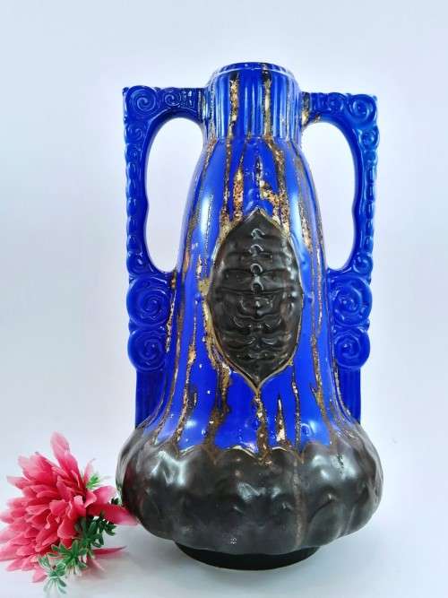 Unusual large glazed ceramic two-handled vase, made in Czechoslovakia