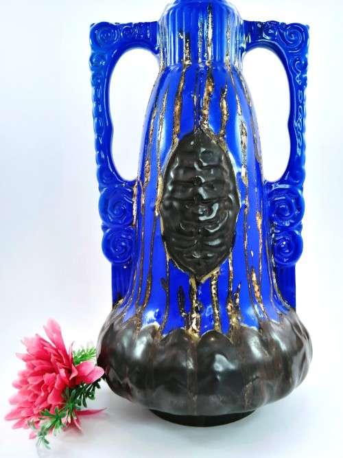 Unusual large glazed ceramic two-handled vase, made in Czechoslovakia