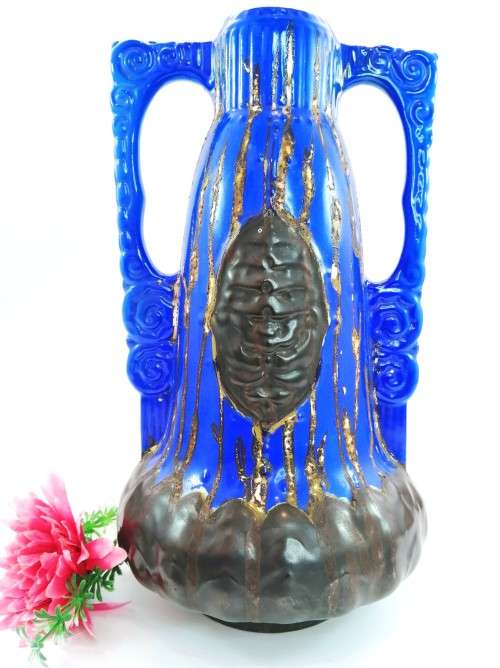 Unusual large glazed ceramic two-handled vase, made in Czechoslovakia