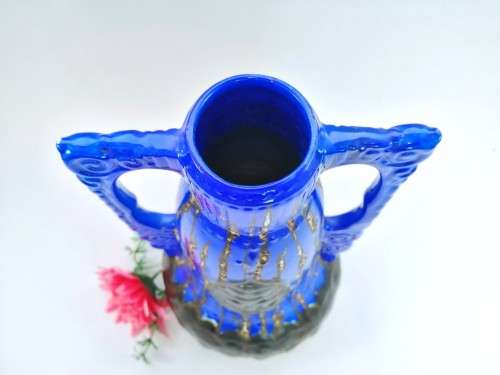 Unusual large glazed ceramic two-handled vase, made in Czechoslovakia