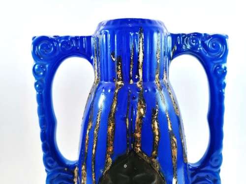 Unusual large glazed ceramic two-handled vase, made in Czechoslovakia