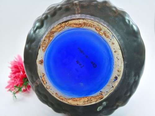 Unusual large glazed ceramic two-handled vase, made in Czechoslovakia