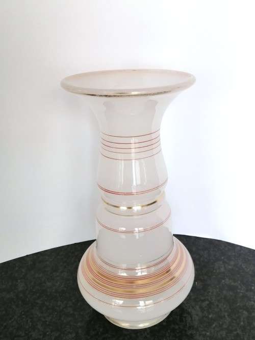 Large vintage pink glass vase gold trim