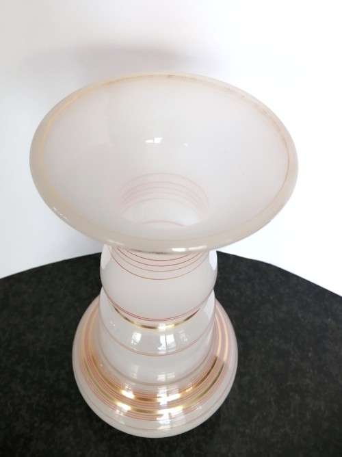 Large vintage pink glass vase gold trim