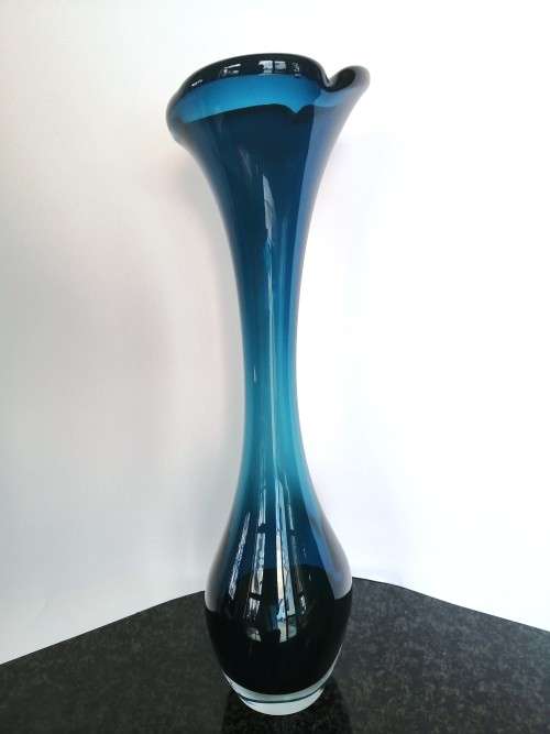 Tall blue turquoise Mid-century Swedish ASEDA glass vase, designed by BO Borgstrom