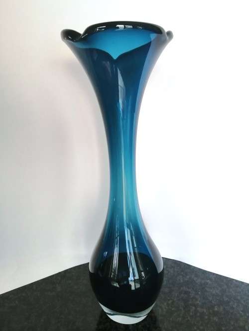 Tall blue turquoise Mid-century Swedish ASEDA glass vase, designed by BO Borgstrom