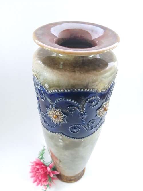 Antique Doulton Large Lambeth Stonewear tall vase