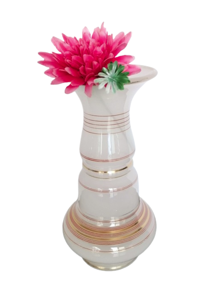 Large vintage pink glass vase gold trim