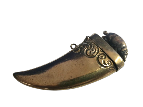 Circa 1890 Brass Vesta Case, or match case,chatelaine tusk shaped with a pig or boar on the lid #