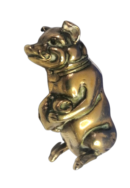 Antique Brass Figural Vesta Case - chatelaine Match Safe Pig Holding Bag of Money Go to Bed  #