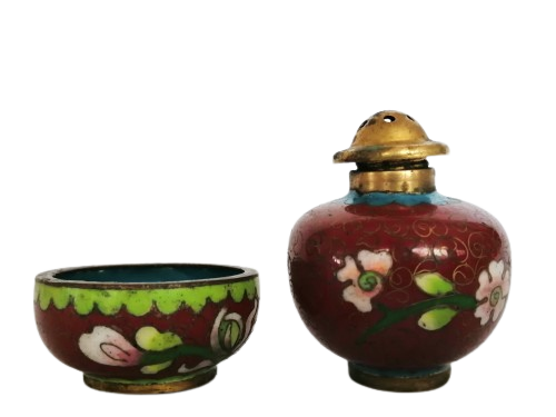 Beautiful vintage Chinese cloisonne cruet set, dating from the 1950s