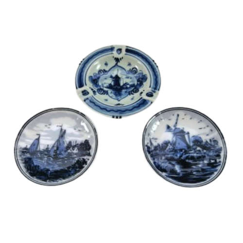 Three Vintage Dutch Delft blue and white dishes plates