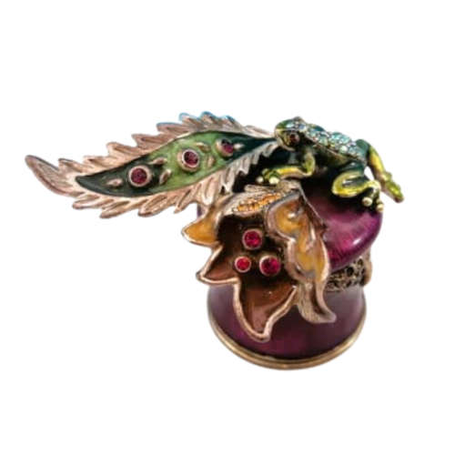 Jay Strongwater Swarovski Jeweled Frog on Leaf Enamel Trinket Pill Box