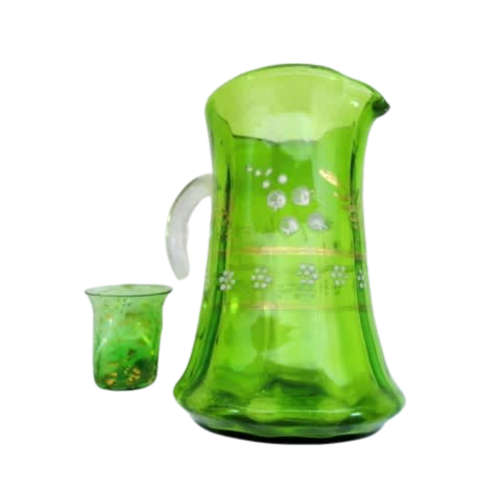 19th century enameled green glass milk jug,  small green and gilt glass posy vase