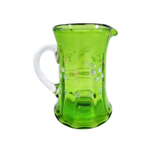 19th century enameled green glass milk jug,  small green and gilt glass posy vase