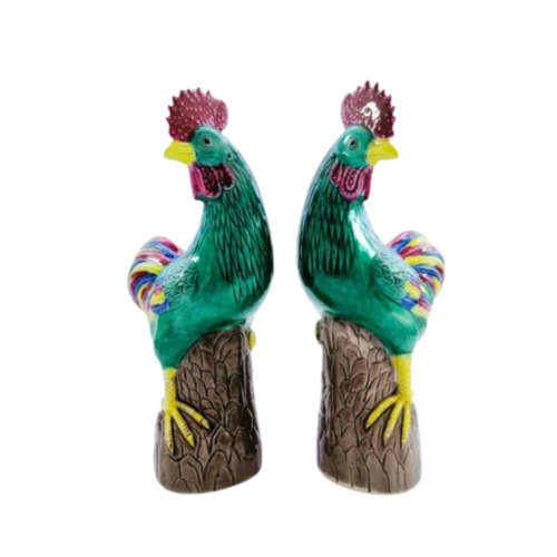 Pair of Vintage Large colorful Ceramic Roosters Chickens