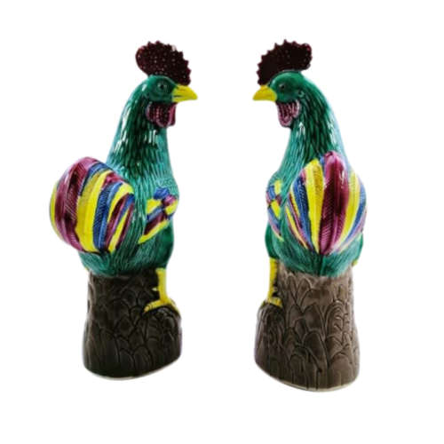 Pair of Vintage Large colorful Ceramic Roosters Chickens