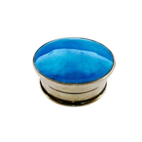 Cloisonne blue guilloche pill box Birmingham England Miller Bros. Sterling Silver Pill Box Blue
