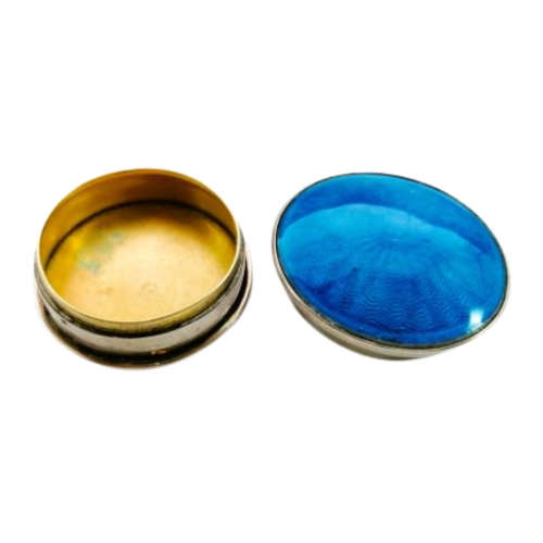 Cloisonne blue guilloche pill box Birmingham England Miller Bros. Sterling Silver Pill Box Blue