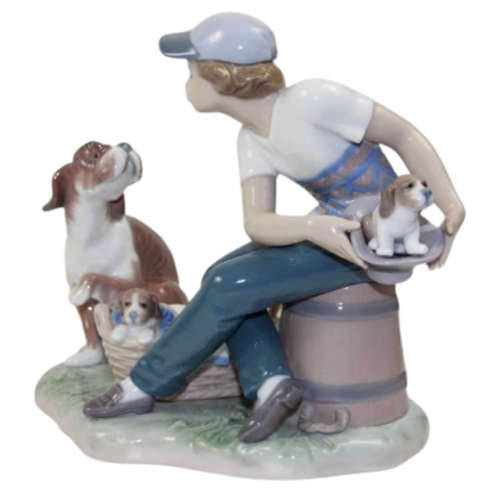 Lladro - This One`s Mine 5376 Figurine  Boy With Dog And Puppies