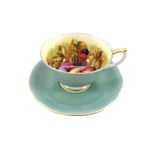 Aynsley Hand Painted Green Orchard Fruit Cup and Saucer . Signed D. Jones.