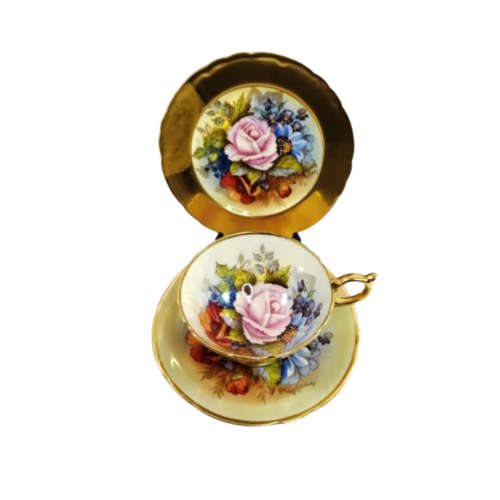 Aynsley J.A. Bailey Cabbage Rose Gold Ribbed Hand Painted Teacup & Saucer Trio Set
