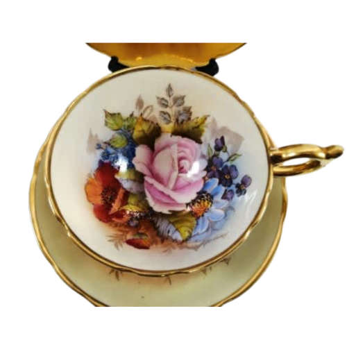 Aynsley J.A. Bailey Cabbage Rose Gold Ribbed Hand Painted Teacup & Saucer Trio Set