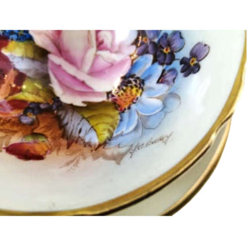 Aynsley J.A. Bailey Cabbage Rose Gold Ribbed Hand Painted Teacup & Saucer Trio Set