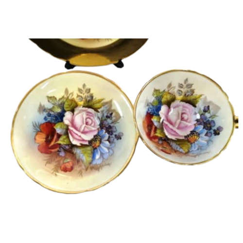 Aynsley J.A. Bailey Cabbage Rose Gold Ribbed Hand Painted Teacup & Saucer Trio Set